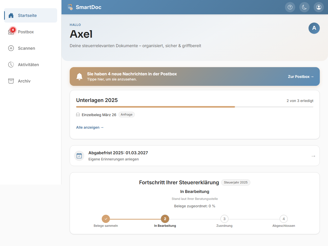 SmartDoc-Startseite eines Mandanten: Jahres-Checkliste, Abgabefrist und Fortschritt der Steuererklärung