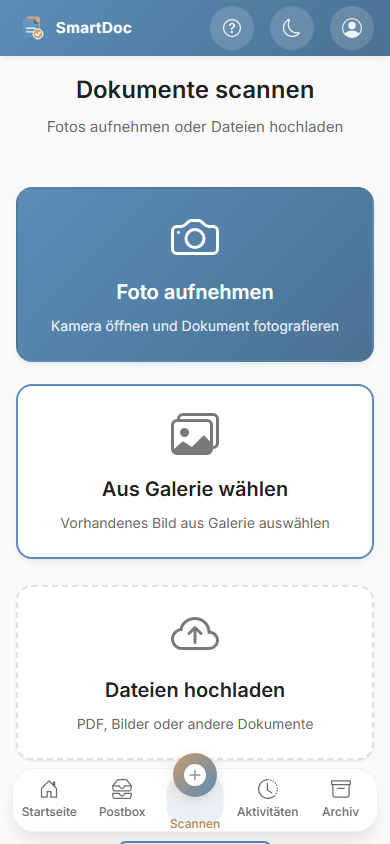 SmartDoc-Scanansicht: Foto aufnehmen, aus Galerie wählen oder Dateien hochladen